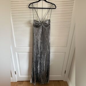 Lulu's Silver Metallic Pleated Spaghetti-Strap Maxi Dress